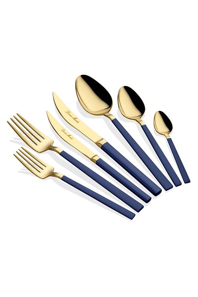 Dame Marie Picasa 42 Pieces Blue Gold Fork Spoon Knife Set for 6 Persons