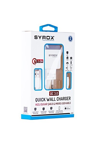 Syrox 3 Amper Micro Usb Hızlı Şarj Cihazı Ve Data Kablosu Q30 (adaptör+kablo) Set Halinde Gönderim