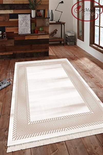 Modern home Modern Çerçeve Detaylı Halı Püskül Dijital Baskı Yıkanabilir Kaym...