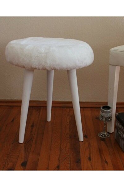 WEBPANYA Gürgen Ahşap Retro Ayak Dekoratif Beyaz Peluş Puf Tabure Bench Koltuk Sandalye Beyaz Peluş
