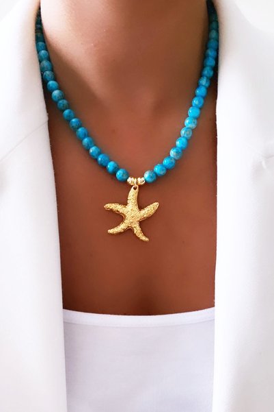 Clare's Store Gold Star Pendant Glass Bead Necklace