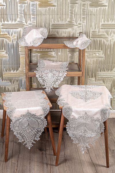 Bonny Home Nurbanu Powder Velvet 5 Piese Runner Set cu Sireturi Argintii Set Living Room Fata de Masa