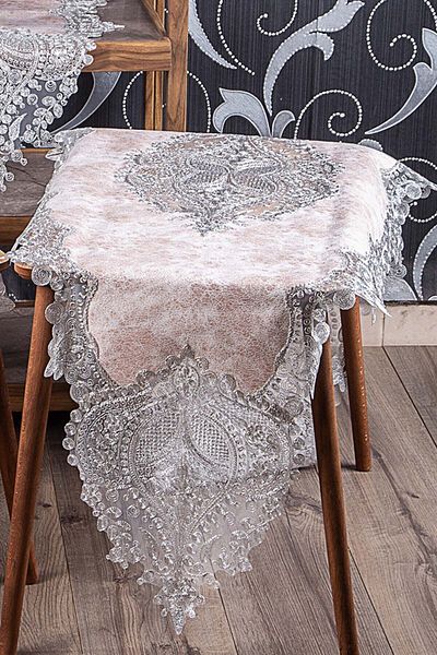 Bonny Home Efsun Cappuccino Nubuck Velvet με Ασημένια Δαντέλα 5 τεμαχίων Runner Σετ Σετ σαλονιού Τραπεζομάντιλο