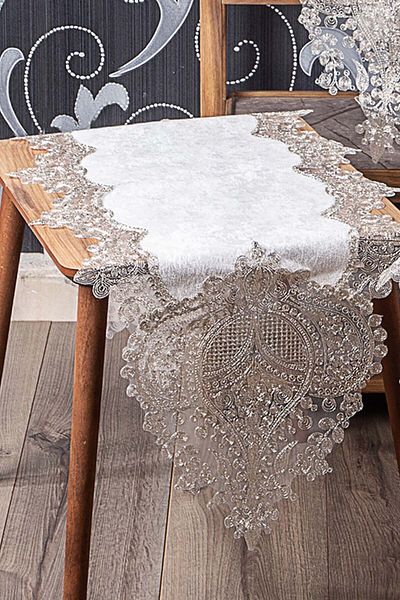 Bonny Home Efsun Cream Velvet με Ασημένια Δαντέλα 5 τεμαχίων Runner Σετ Σετ Σαλονιού Τραπεζομάντηλο