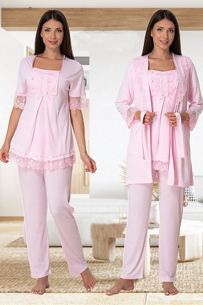 lohusahamile Pink Breastfeeding Featured Maternity Pajamas Set with Dressing Gown Effortt 6034