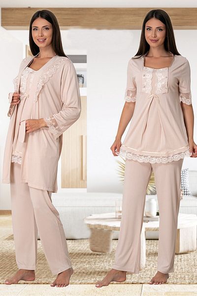 lohusahamile Σετ πιτζάμες εγκυμοσύνης Milky Coffee Breastfeeding με Peignoir Effortt 6034