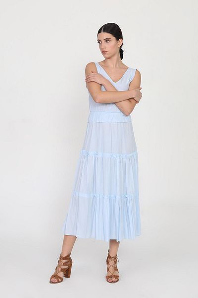 Ceylen Rochie de damă, albastru baby, cu decolteu în V, cu talie elastică, lungime midi