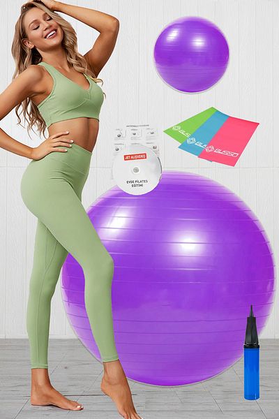 Jet 8 Piece Pilates Set Plates Set Pilates Ball 3 Piece Resistance Band Light Medium Hard Band Pump Purple Set