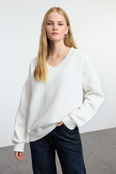 Trendyol Collection Ecru Basic Oversize/Wide Fit Silná fleecová vnitřní pletená mikina Twoaw25Sw00171