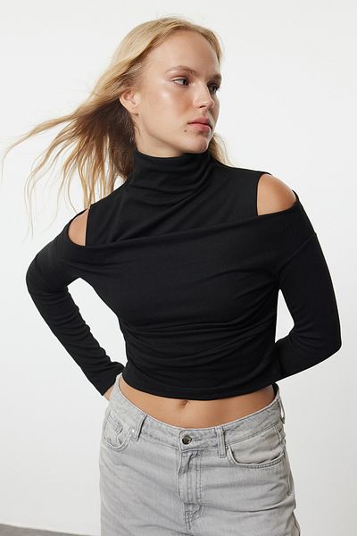 Trendyol Collection Black Slim Knitted Blouse with Stand Collar - Double Layer, Fitted TWOAW25BZ00125