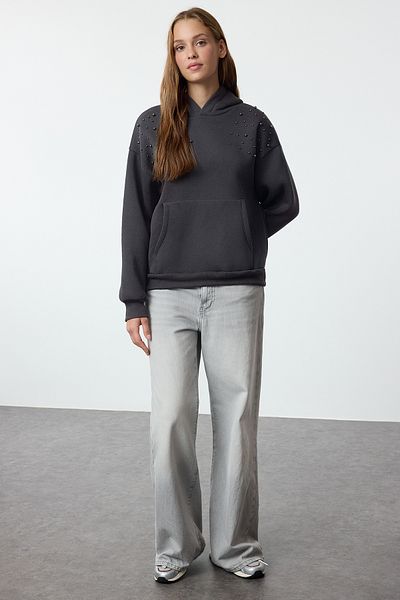 Trendyol Collection Antracit relaxált/kényelmes szabású vastag polár belső kötött pulóver TWOAW25SW00137