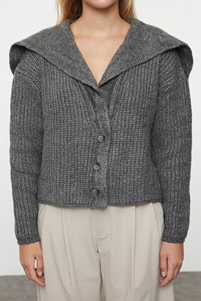 Trendyol Collection Turndown Collar Soft Knitwear Cardigan - Anthracite Premium Yarn Twoaw24Hi00060