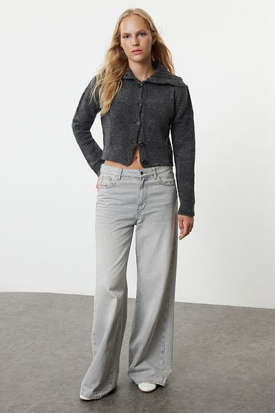 Trendyol Collection Anthracite Knitwear Crop Cardigan - Boucle Texture, Twoaw25Hi00146