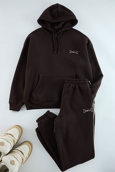 Trendyol Collection Braunes, besticktes, übergroßes Fleece-Sweatshirt-Kapuzen-Trainingsanzug-Set – TMNAW24EM00000