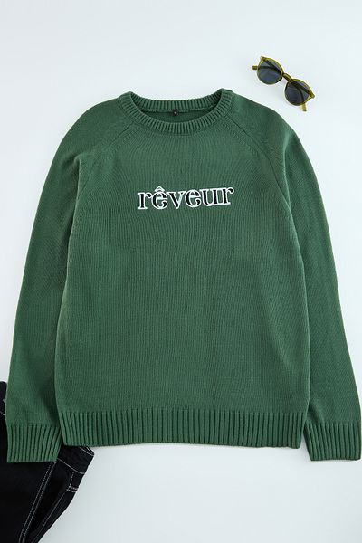 Trendyol Collection Pulover de tricotaj cu slogan verde - Decolteu, cu croiala normală TMNAW25KZ00041