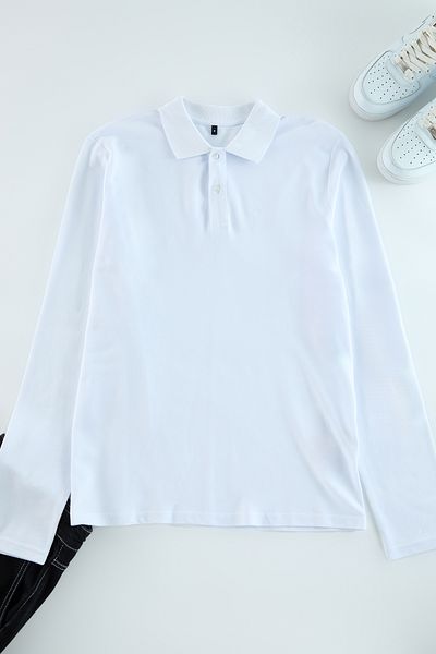 Trendyol Collection Weißes Basic-T-Shirt mit Polokragen – 100 % Baumwolle, lange Ärmel, schmale Passform TMNAW25PO00000