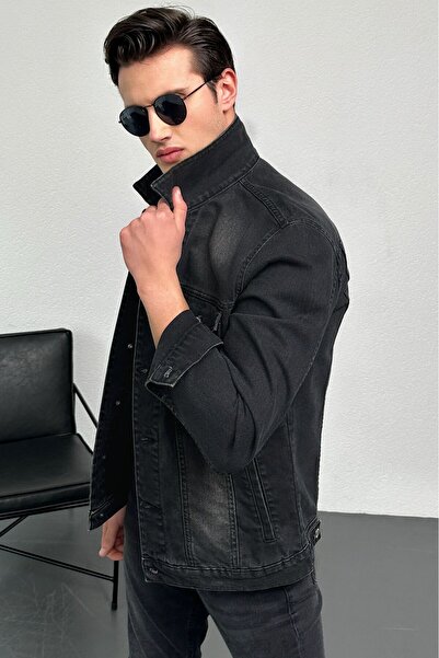 HLT JEANS Erkek Antrasit Jean Denim Standart Kalıp %100 Pamuk Cepli Düğmeli Kot Ceket HLTHE042101