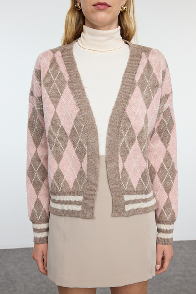 Trendyol Collection Diamond Patterned Mink Knitwear Cardigan - Soft Textured TWOAW23HI00596