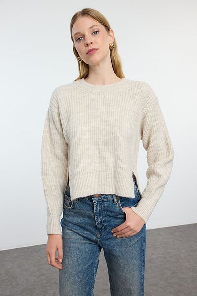 Trendyol Collection Pulover din tricot cu mânecă cu balon - piatră, TWOAW25KZ00230