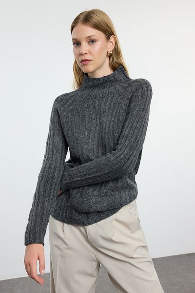 Trendyol Collection Anthracite Knit Detailed Soft Seamless Knitwear Sweater - Stand Collar Twoaw25Kz00049