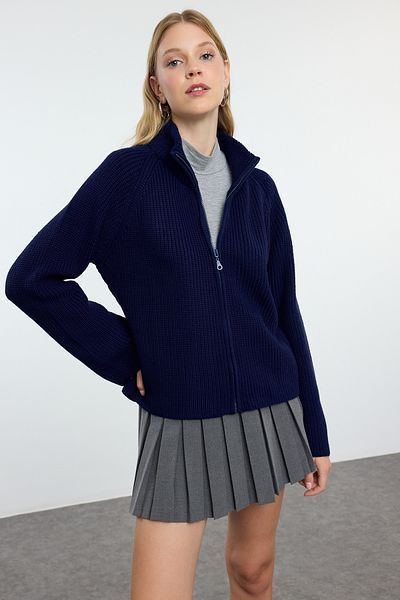 Trendyol Collection Sötétkék állógalléros cipzáras kötöttáru kardigán - TWOAW25HI00099