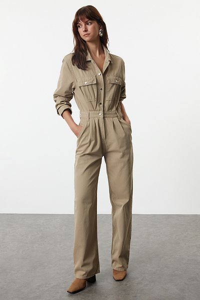 Trendyol Collection Khaki Pocket Detailed Pleated Denim Jumpsuit Twoaw25Tu00015