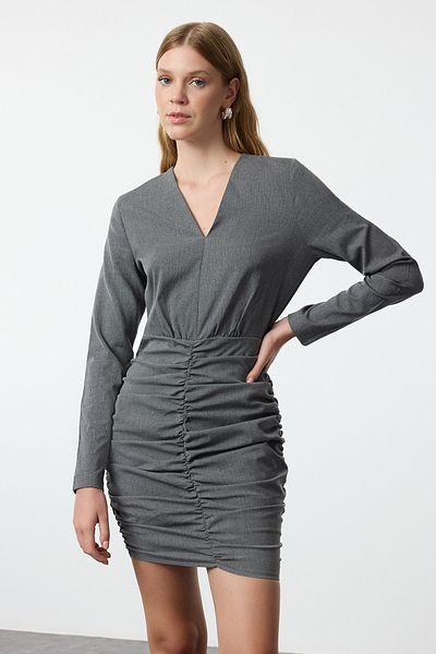 Trendyol Collection Gray Mini Woven Dress - Drape Detailed, Body Wrap Twoaw25el00160