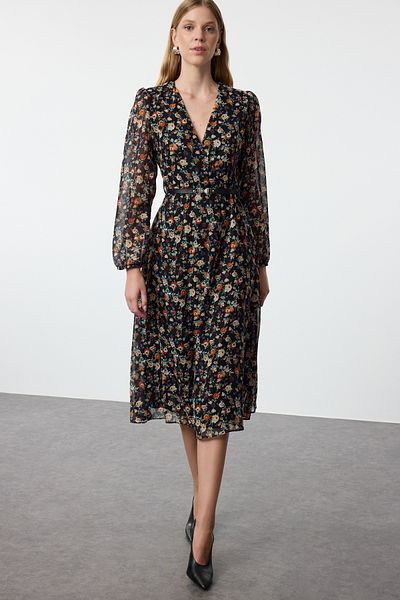 Trendyol Collection A-line Midi Chiffon Dress - Black Floral, BELt and Double Breasted Collar Print TWOAW24EL00660