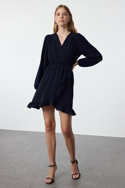 Trendyol Collection Sötétkék öves mini szőtt Flounce ruha TWOAW24EL00249