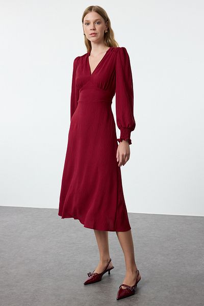 Trendyol Collection Rochie țesătă midi cu detaliu de corset cu deschidere în talie burgundă TWOAW25EL00366
