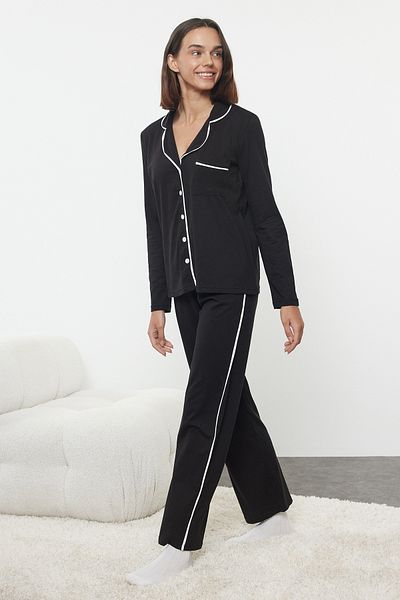 Trendyol Collection Set de lenjerie de dormit tricotată neagră 100% bumbac - cu detaliu de țevi THMAW25PT00105
