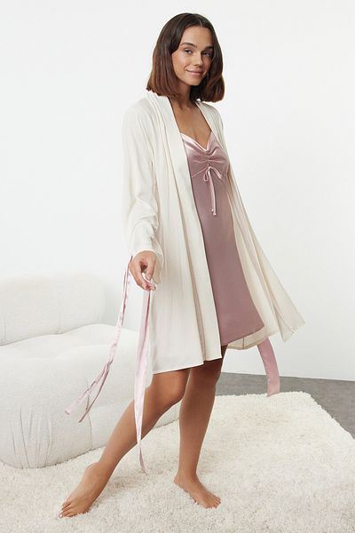 Trendyol Collection Ecru Woven Dressing Gown - Belted, Binding/Ribbon and Piping Detail Thmaw25Sb00000