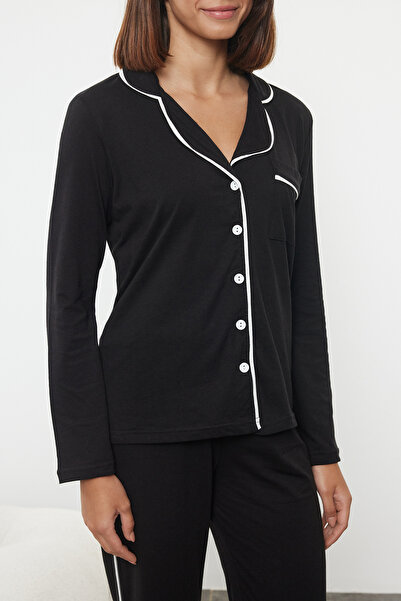 Trendyol Collection Σετ Πιτζάμες Πλεκτής από 100% Βαμβακερή Μαύρη - με Λεπτομέρεια Σωληνώσεων Thmaw25Pt00105