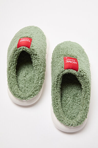 TRENDYOL SHOES Green Plush Woven Label Detailed Women's House Slippers Takaw25Er00012