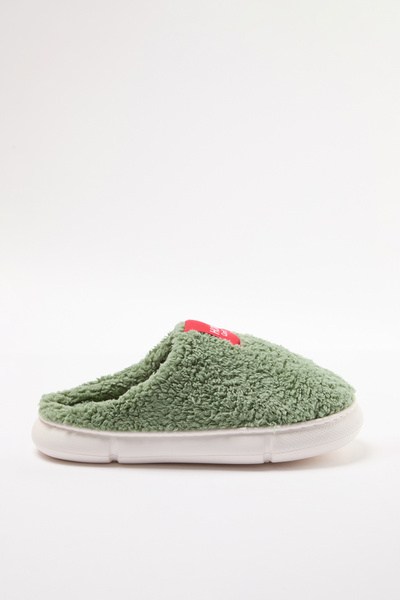 TRENDYOL SHOES Green Plush Woven Label Detailed Women's House Slippers Takaw25Er00012