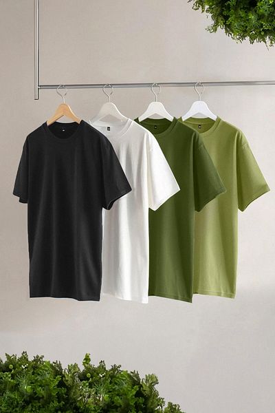 Trendyol Collection Основен комплект от 4 части Черно-Кхаки-Светлозелено-Екрю 100% памук Тениска Slim Fit - Tmnss24Ts00262