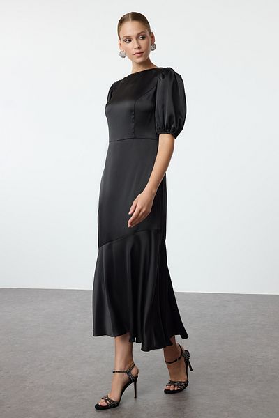 Trendyol Collection Rochie de seară neagră din satin țesut în linie A Rochie de absolvire de noapte TPRSS24EL00286
