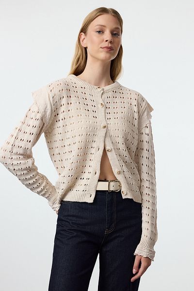 Trendyol Collection Openwork Ecru Knitwear Cardigan - Lace Detailed, Perforated TWOAW25HI00293