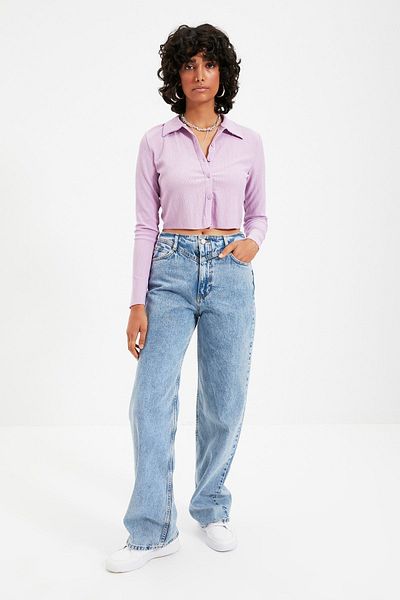 Trendyol Collection Πλεκτή μπλούζα με λαιμό πόλο με λιλά με κουμπιά / Πλεκτή μπλούζα με υφή TWOAW22BZ0241