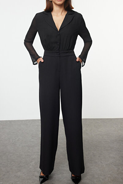 Trendyol Collection Dlouhá černá šifonová kombinéza - Twoaw25tu00008