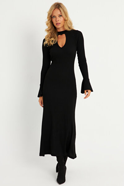 Cool & Sexy Kadın Siyah Pencereli Kaşkorse Midi Elbise EY2907