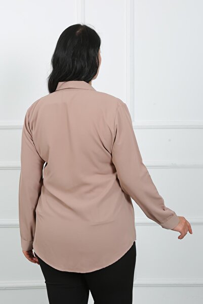 By Alba Collection Kadın Taş Rengi Önü Taş Detay Jessica Kumaş Büyük Beden Gömlek