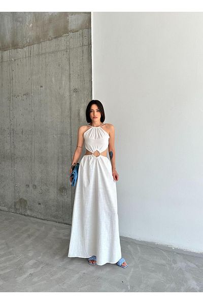 ELBEY Rochie lungă albă - cu șnur și talie și spate decoltat