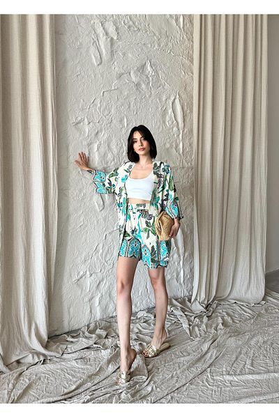 ELBEY Ethnic Patterned Shorts Kimono Set