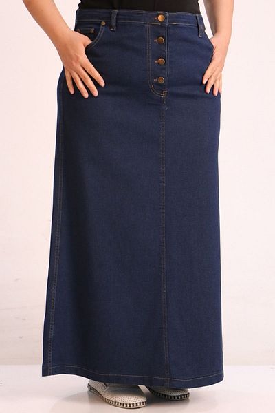 Eslina 45002 Large Size Black Denim Skirt - Buttoned Front