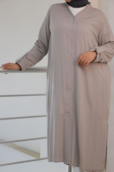Eslina 48019 تونيك ذو ياقة القاضي باللون الرمادي مقاس كبير - منسوج ملفوف