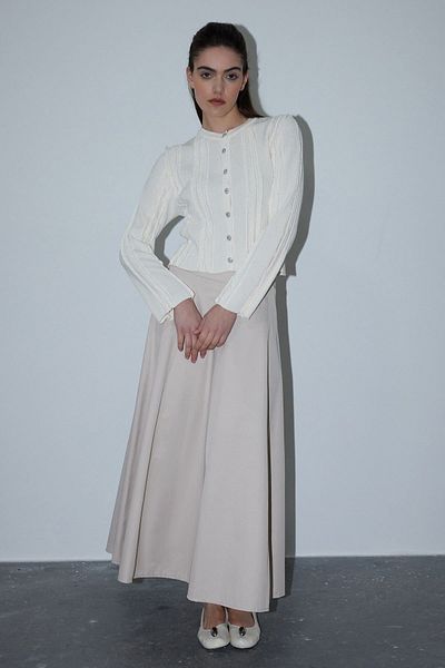 Hooopstore Stone Colored Flared Skirt with Stitching Detail