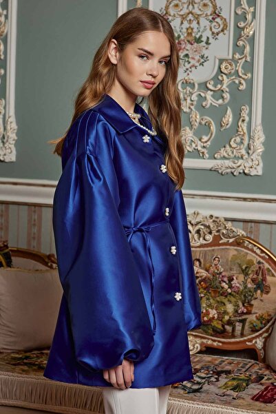 Hooopstore Saks Blue Balloon Sleeve Brocade Tunic