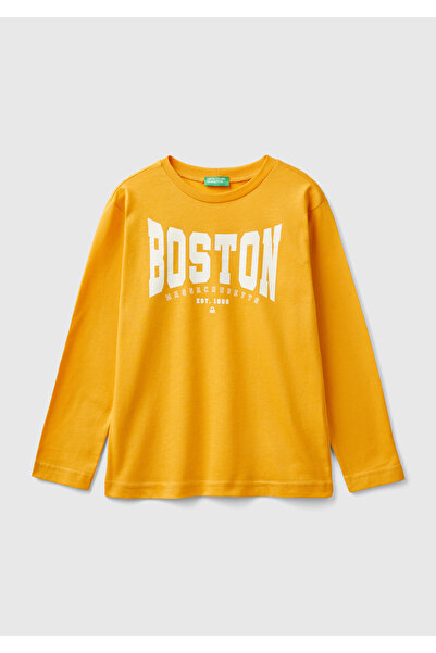 United Colors of Benetton Băiat - Tricou cu mânecă lungă cu imprimeu galben m...