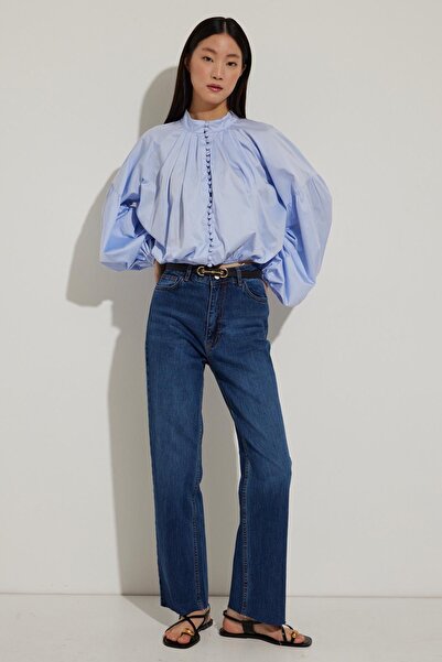 Hooopstore Önden Düğmeli Açık Mavi Crop Poplin Gömlek